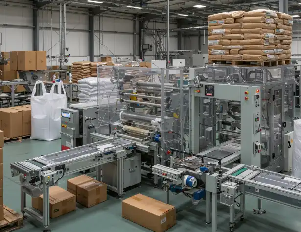 FACTORY Automated packaging line in a warehouse with conveyors, sacks, and stacked boxes/pallets.